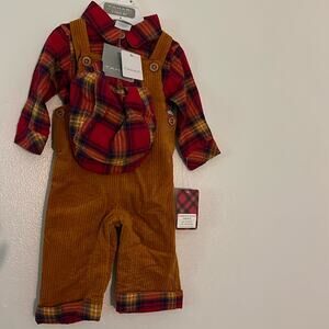 Tahari Boy three month old red and blue plaid corduroy overall set with hat NWT￼